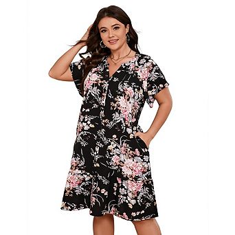 Plus Size Women's Printed Short Sleeve Ruffled Dress V-Neck A Line Slit Mini Dress with Pockets