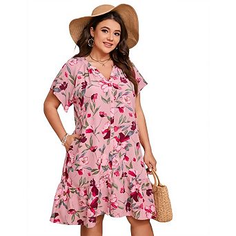 Plus Size Women's Printed Short Sleeve Ruffled Dress V-Neck A Line Slit Mini Dress with Pockets