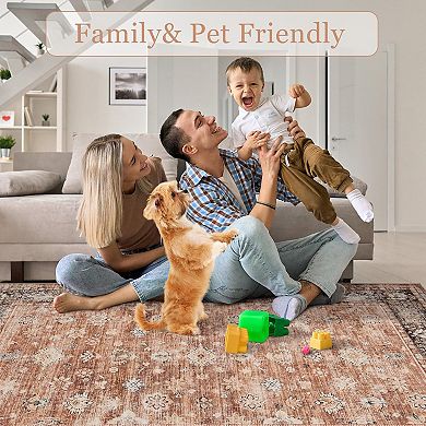 Vintage Washable Area Rug, Distressed Non Slip Non-Shedding Floral Soft Throw Rugs