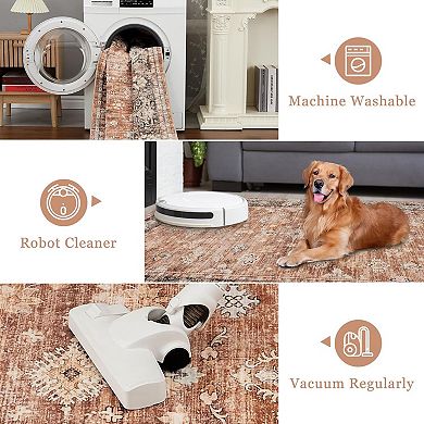 Vintage Washable Area Rug, Distressed Non Slip Non-Shedding Floral Soft Throw Rugs