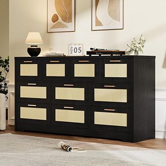 10 Drawers Dresser for Bedroom, Rattan Chest of Drawers with Spacious Tabletop & Handles, Closet