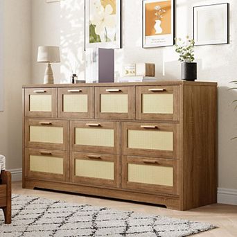 10 Drawers Dresser for Bedroom, Rattan Chest of Drawers with Spacious Tabletop & Handles, Closet