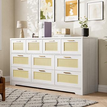 10 Drawers Dresser for Bedroom, Rattan Chest of Drawers with Spacious Tabletop & Handles, Closet