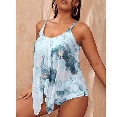 Women's Plus Size Tie Dye Mesh Overlay Bikini Set, Adjustable Strap Two Piece Swimsuit