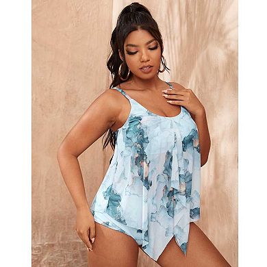 Women's Plus Size Tie Dye Mesh Overlay Bikini Set, Adjustable Strap Two Piece Swimsuit