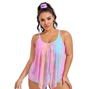 Women's Plus Size Tie Dye Mesh Overlay Bikini Set, Adjustable Strap Two Piece Swimsuit