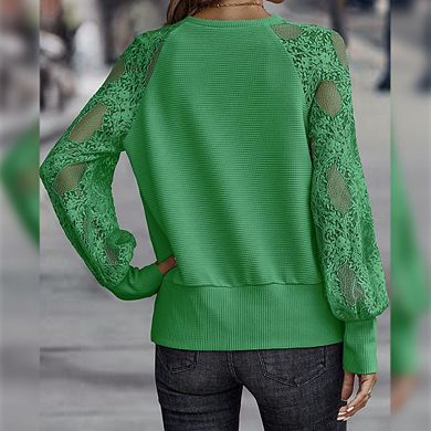 Women's Casual V-Neck Long Sleeve Lace Shirt Solid Color Knitted Loose Fit Openwork Top
