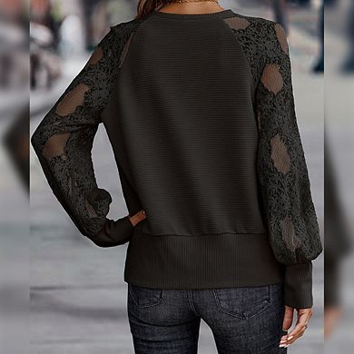 Women's Casual V-Neck Long Sleeve Lace Shirt Solid Color Knitted Loose Fit Openwork Top