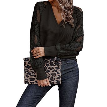 Women's Casual V-Neck Long Sleeve Lace Shirt Solid Color Knitted Loose Fit Openwork Top