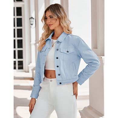 Women's Denim Work Jacket Button Down Long Sleeve Solid Color Jacket StretchJacket with Pockets