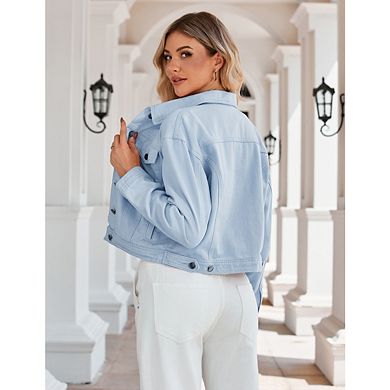 Women's Denim Work Jacket Button Down Long Sleeve Solid Color Jacket StretchJacket with Pockets