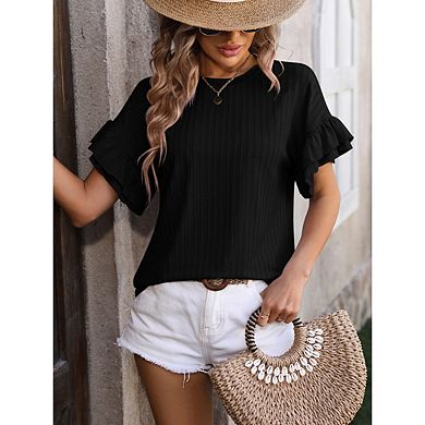 Women's Casual Round Neck Ruffle Sleeve T-Shirt Basic Short Sleeve Solid Color Loose Babydoll Top