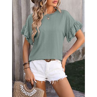 Women's Casual Round Neck Ruffle Sleeve T-Shirt Basic Short Sleeve Solid Color Loose Babydoll Top