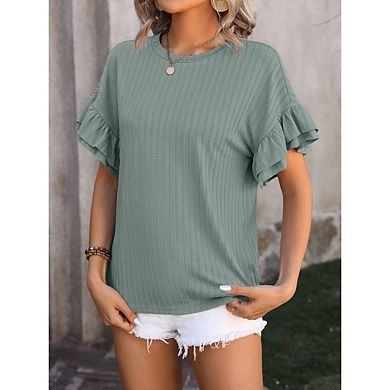 Women's Casual Round Neck Ruffle Sleeve T-Shirt Basic Short Sleeve Solid Color Loose Babydoll Top