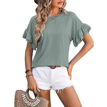 Women's Casual Round Neck Ruffle Sleeve T-Shirt Basic Short Sleeve Solid Color Loose Babydoll Top