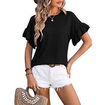 Women's Casual Round Neck Ruffle Sleeve T-Shirt Basic Short Sleeve Solid Color Loose Babydoll Top