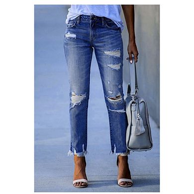 Women's Causal Ripped Jeans Straight Leg Distressed Work Office Boyfriend Denim Pants