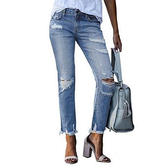 Women's Causal Ripped Jeans Straight Leg Distressed Work Office Boyfriend Denim Pants