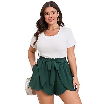 Plus Size Casual Women's Paper Bag Shorts Printed Elastic Waistband Petal Loose Shorts