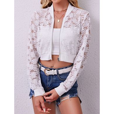 Women's Short Stand Collar Long Sleeve Outerwear Sheer Lace Cutout Lightweight Jacket
