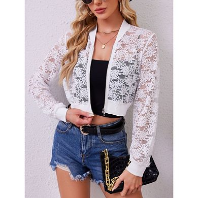 Women's Short Stand Collar Long Sleeve Outerwear Sheer Lace Cutout Lightweight Jacket