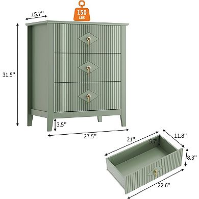 Natural Oak Fluted 27.5”W Dresser, 3-Drawer Wood Storage Chest