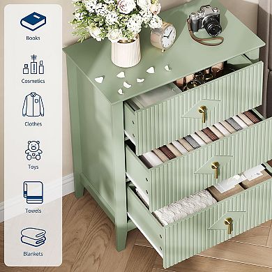 Natural Oak Fluted 27.5”W Dresser, 3-Drawer Wood Storage Chest