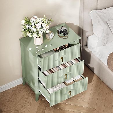 Natural Oak Fluted 27.5”W Dresser, 3-Drawer Wood Storage Chest