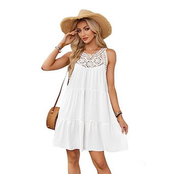 Women Casual Boho Sleeveless Dresses Summer Hollow Out Neck A-Line Sundress Beach Mini Dresses