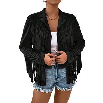 Women's Casual Faux Suede Fringed Jacket Slim Fit Collared Short Sleeve Cropped Jacket