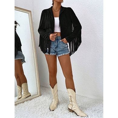 Women's Casual Faux Suede Fringed Jacket Slim Fit Collared Short Sleeve Cropped Jacket