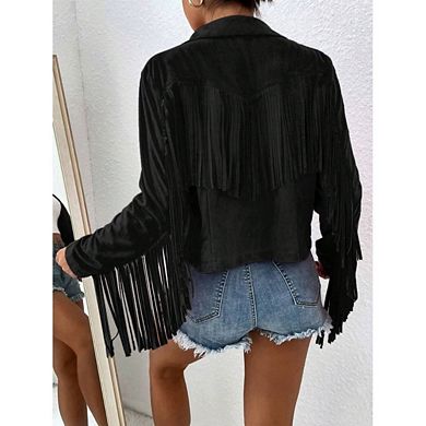 Women's Casual Faux Suede Fringed Jacket Slim Fit Collared Short Sleeve Cropped Jacket