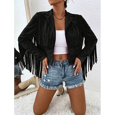 Women's Casual Faux Suede Fringed Jacket Slim Fit Collared Short Sleeve Cropped Jacket