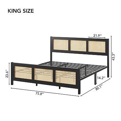 Rattan Bed Frame with Headboard, Sturdy Metal Slat Support, Noise-Free Design, No Box Spring Needed