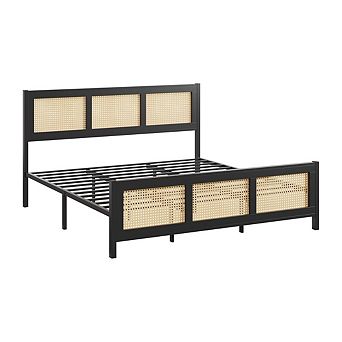 Rattan Bed Frame with Headboard, Sturdy Metal Slat Support, Noise-Free Design, No Box Spring Needed
