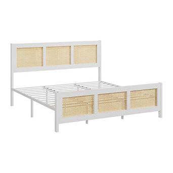 Rattan Bed Frame with Headboard, Sturdy Metal Slat Support, Noise-Free Design, No Box Spring Needed