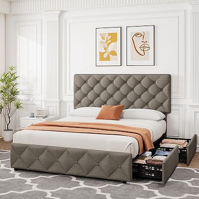 Platform Bed Frame with 4 Storage Drawers & Tufted Headboard, Wooden Slats, No Box Spring