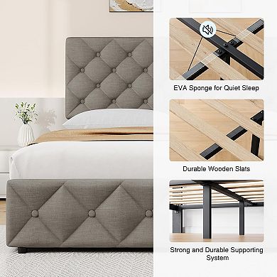 Platform Bed Frame with 4 Storage Drawers & Tufted Headboard, Wooden Slats, No Box Spring