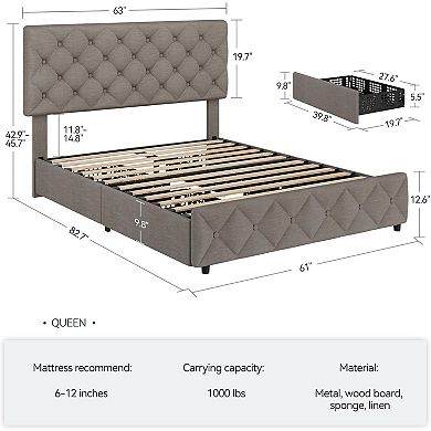 Platform Bed Frame with 4 Storage Drawers & Tufted Headboard, Wooden Slats, No Box Spring