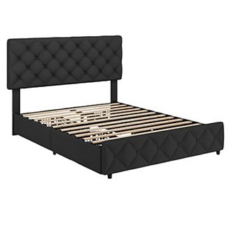 Platform Bed Frame with 4 Storage Drawers & Tufted Headboard, Wooden Slats, No Box Spring