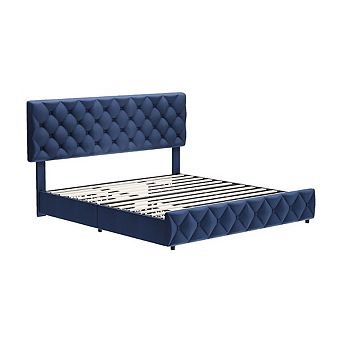 Platform Bed Frame with 4 Storage Drawers & Tufted Headboard, Wooden Slats, No Box Spring