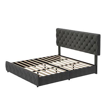 Platform Bed Frame with 4 Storage Drawers & Tufted Headboard, Wooden Slats, No Box Spring