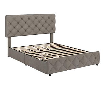 Platform Bed Frame with 4 Storage Drawers & Tufted Headboard, Wooden Slats, No Box Spring