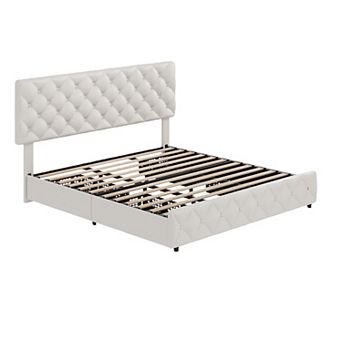Platform Bed Frame with 4 Storage Drawers & Tufted Headboard, Wooden Slats, No Box Spring
