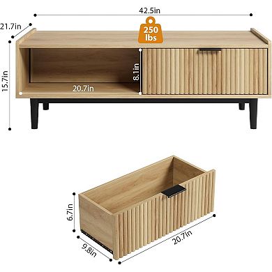 42.5" Fluted Coffee Table with Drawer, Mid-Century Modern Living Room Table with Open Shelf