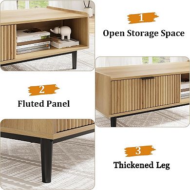 42.5" Fluted Coffee Table with Drawer, Mid-Century Modern Living Room Table with Open Shelf