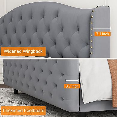 Queen Upholstered Platform Bed Frame - Linen with Tufted Headboard, Wooden Slat Support