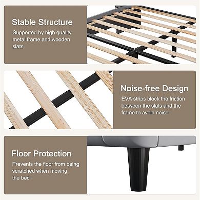 Queen Upholstered Platform Bed Frame - Linen with Tufted Headboard, Wooden Slat Support