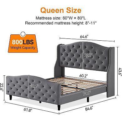 Queen Upholstered Platform Bed Frame - Linen with Tufted Headboard, Wooden Slat Support