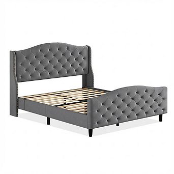 Queen Upholstered Platform Bed Frame - Linen with Tufted Headboard, Wooden Slat Support